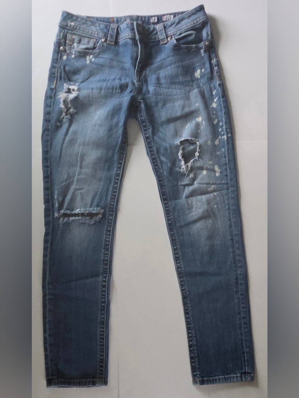 Miss Me Skinny Jeans Mid Rise Distressed Acid Wash Bleach Splatter MS5151S53